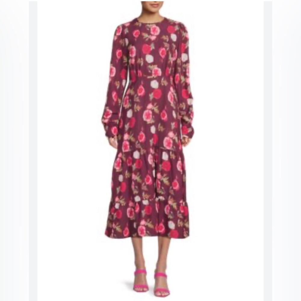 Area Stars Women's Bouquet Long Sleeve Tiered Midi-Dress - Burgundy - M - NWT